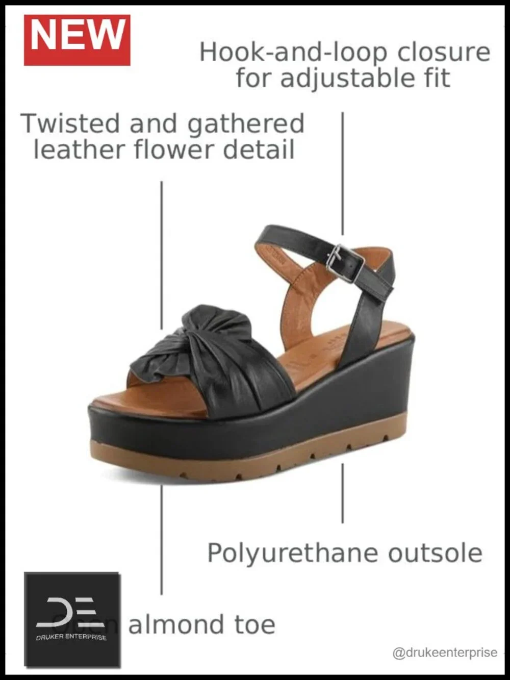 Women's Leather Wedge Sandals with Twisted Flower Detail Hook & Loop Closure